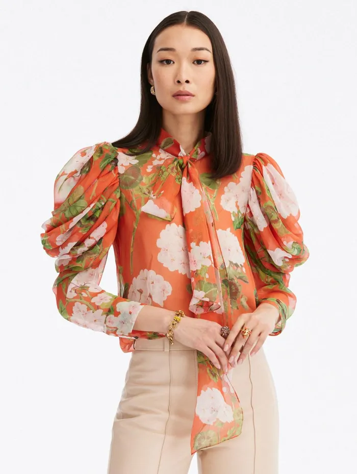 Women Blouses and Knits Oscar De La Renta Draped Sleeve Geranium Chiffon Blouse Whitesienna