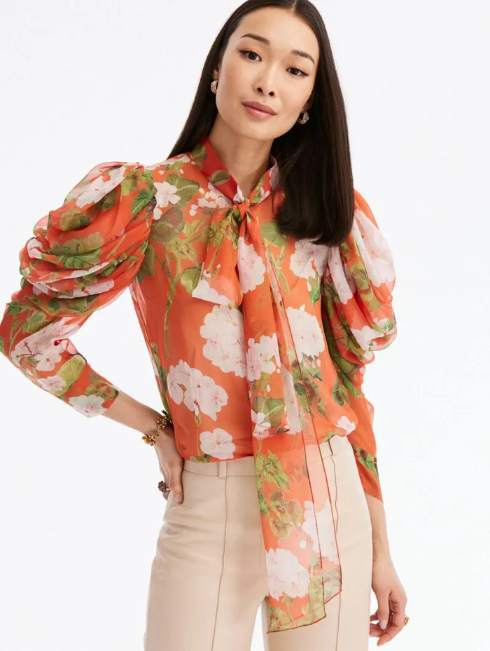 Women Blouses and Knits Oscar De La Renta Draped Sleeve Geranium Chiffon Blouse Whitesienna Women Blouses and Knits Oscar De La Renta Draped Sleeve Geranium Chiffon Blouse Whitesienna