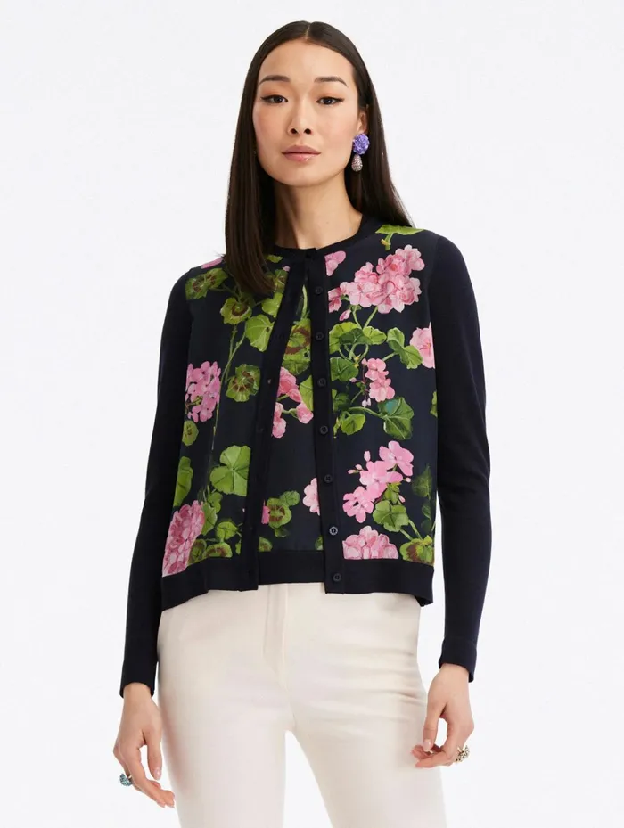Women Blouses and Knits Oscar De La Renta Geranium Silk Inset Cardigan Pinknavy
