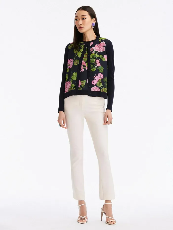 Women Blouses and Knits Oscar De La Renta Geranium Silk Inset Cardigan Pinknavy Women Blouses and Knits Oscar De La Renta Geranium Silk Inset Cardigan Pinknavy