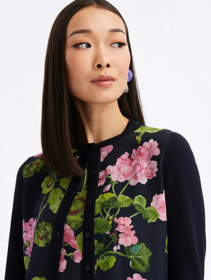 Women Blouses and Knits Oscar De La Renta Geranium Silk Inset Cardigan Pinknavy Women Blouses and Knits Oscar De La Renta Geranium Silk Inset Cardigan Pinknavy