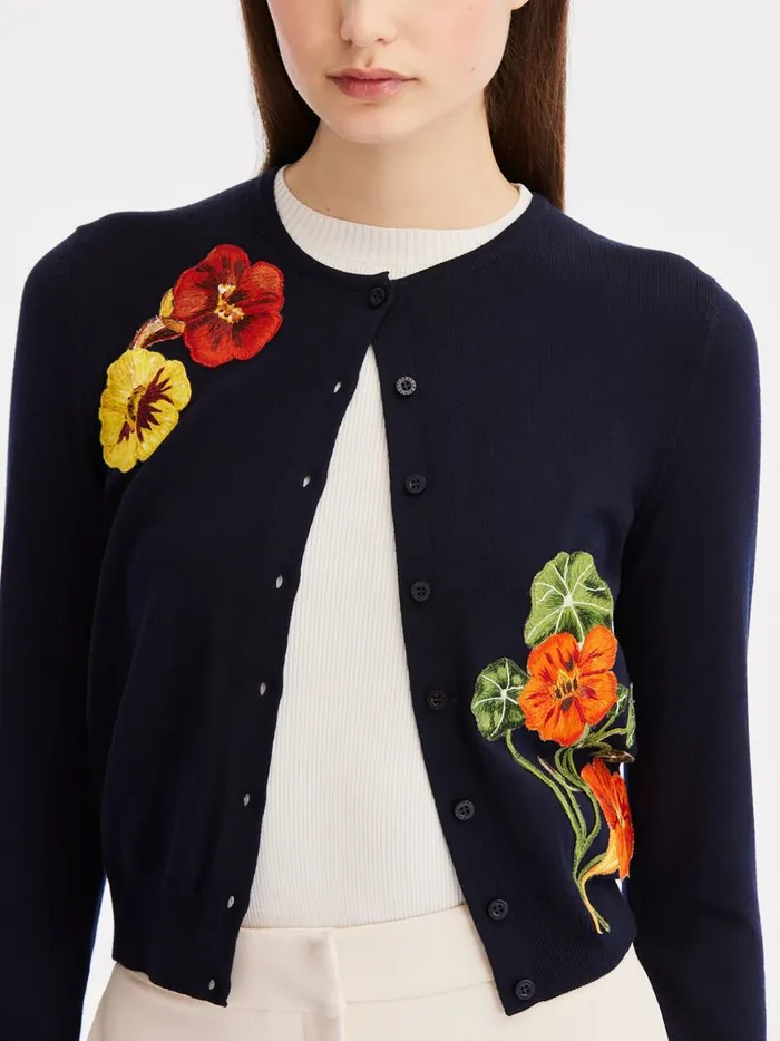 Women Blouses and Knits Oscar De La Renta Nasturtium Threadwork Cardigan Navy Women Blouses and Knits Oscar De La Renta Nasturtium Threadwork Cardigan Navy