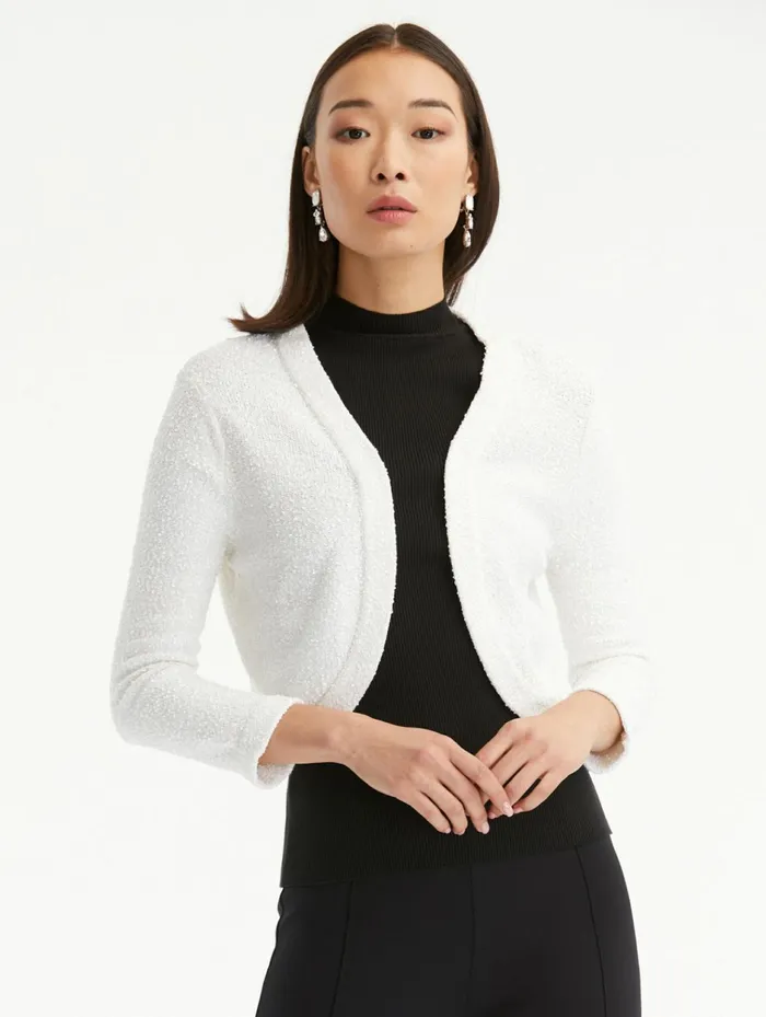 Women Blouses and Knits Oscar De La Renta Sequin Cashmere Silk Bolero White