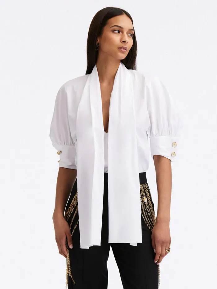 Women Blouses and Knits Oscar De La Renta TieNeck Cotton Blouse White