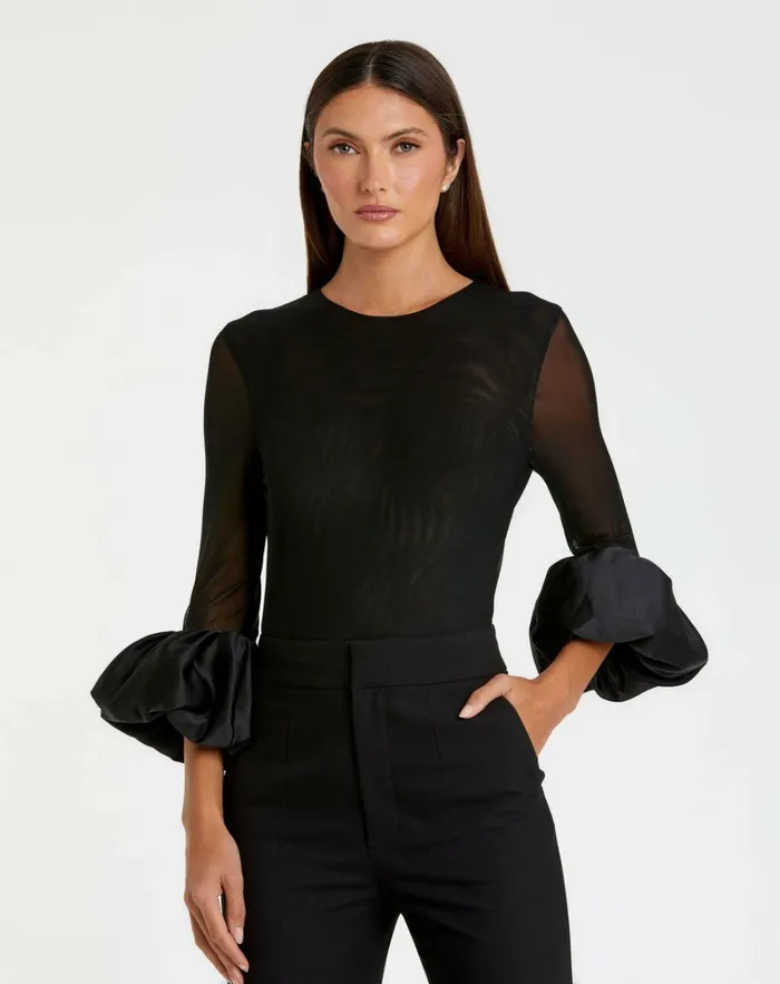 Women Blouses And Tops Mac Duggal Mesh Long Sleeve Bodysuit With Satin Puff Sleeve 8211 FINAL SALE Black Women Blouses And Tops Mac Duggal Mesh Long Sleeve Bodysuit With Satin Puff Sleeve 8211 FINAL SALE Black