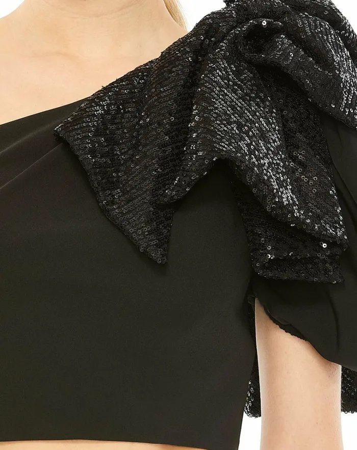 Women Blouses And Tops Mac Duggal One Shoulder Sequin Bow Short Sleeve Top 8211 FINAL SALE Black