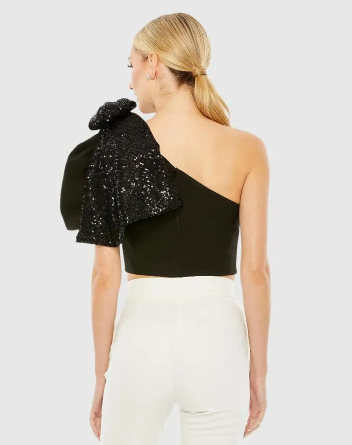 Women Blouses And Tops Mac Duggal One Shoulder Sequin Bow Short Sleeve Top 8211 FINAL SALE Black