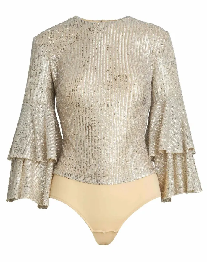 Women Blouses And Tops Mac Duggal Ruffle 34 Sleeve Sequin Bodysuit 8211 FINAL SALE Nude