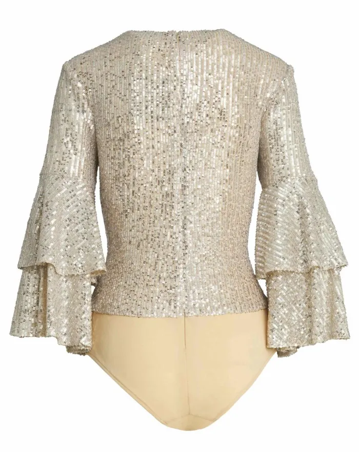 Women Blouses And Tops Mac Duggal Ruffle 34 Sleeve Sequin Bodysuit 8211 FINAL SALE Nude