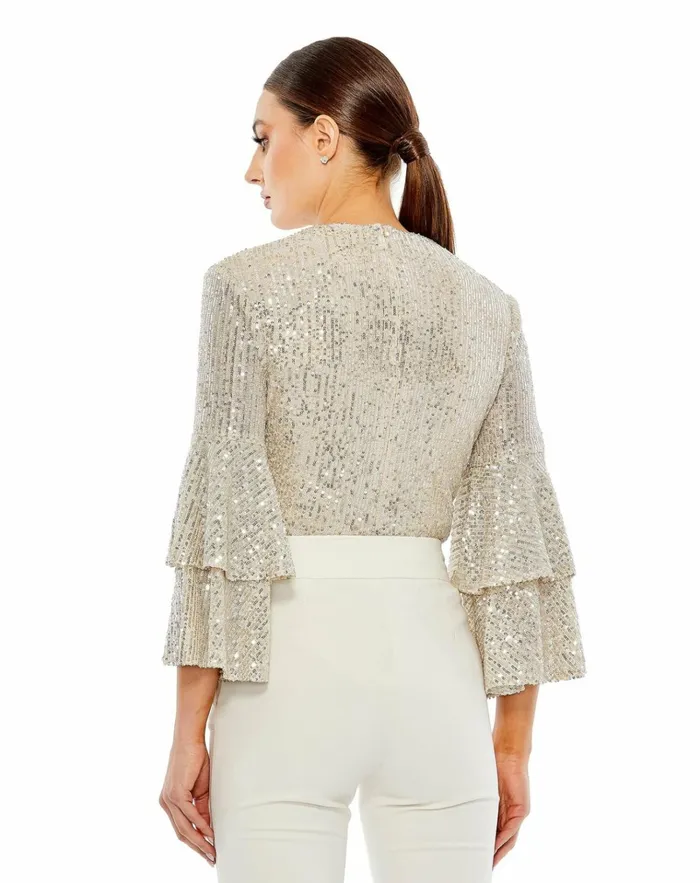 Women Blouses And Tops Mac Duggal Ruffle 34 Sleeve Sequin Bodysuit 8211 FINAL SALE Nude