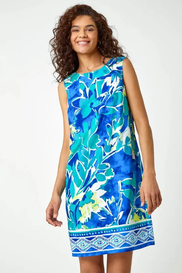 Women Blue Abstract Leaf Shift Dress Roman Dresses