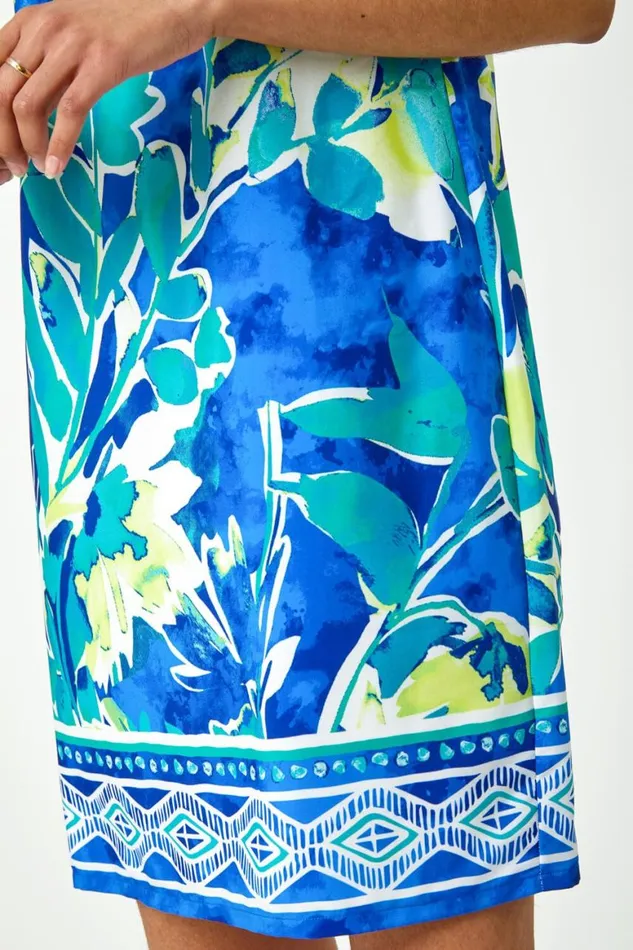 Women Blue Abstract Leaf Shift Dress Roman Dresses
