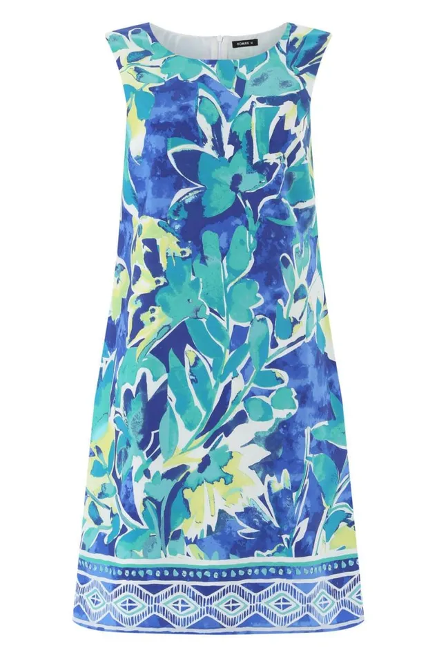 Women Blue Abstract Leaf Shift Dress Roman Dresses