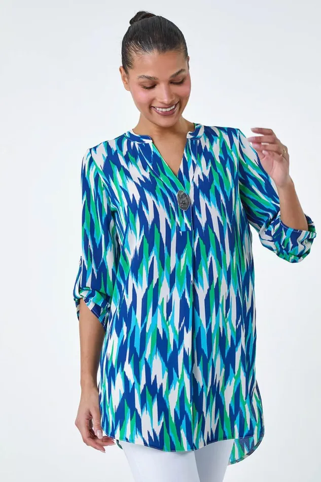 Women Blue Abstract Longline Button Detail Tunic Top Roman Tops