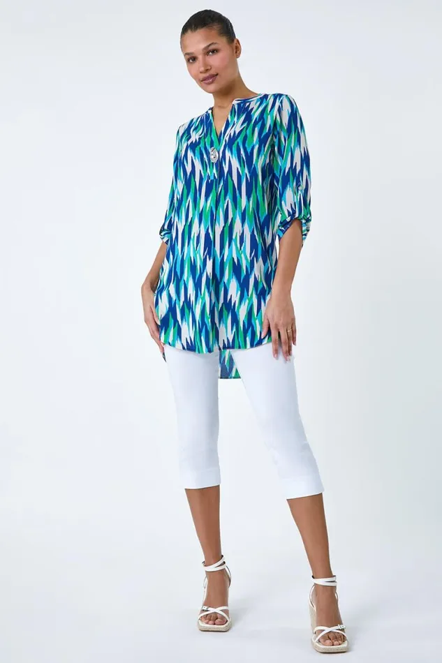 Women Blue Abstract Longline Button Detail Tunic Top Roman Tops