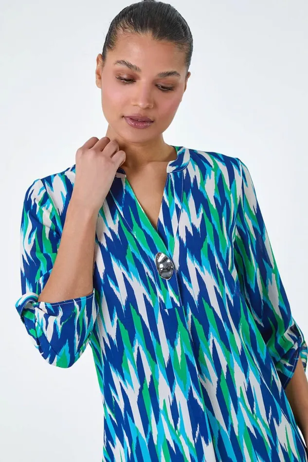 Women Blue Abstract Longline Button Detail Tunic Top Roman Tops