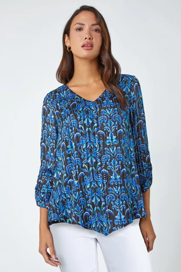 Women Blue Abstract Metallic Ruched Chiffon Blouse Roman Tops