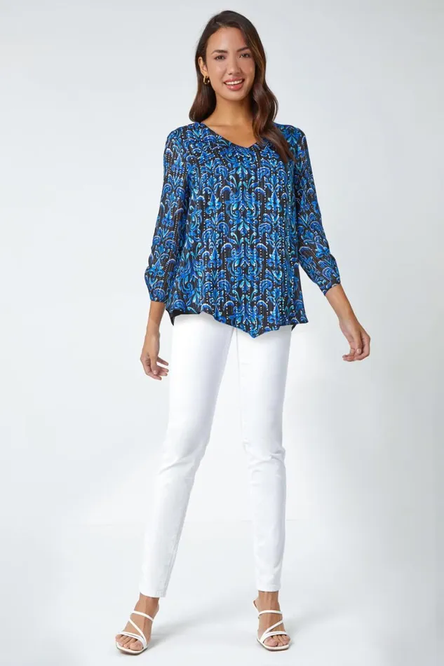 Women Blue Abstract Metallic Ruched Chiffon Blouse Roman Tops