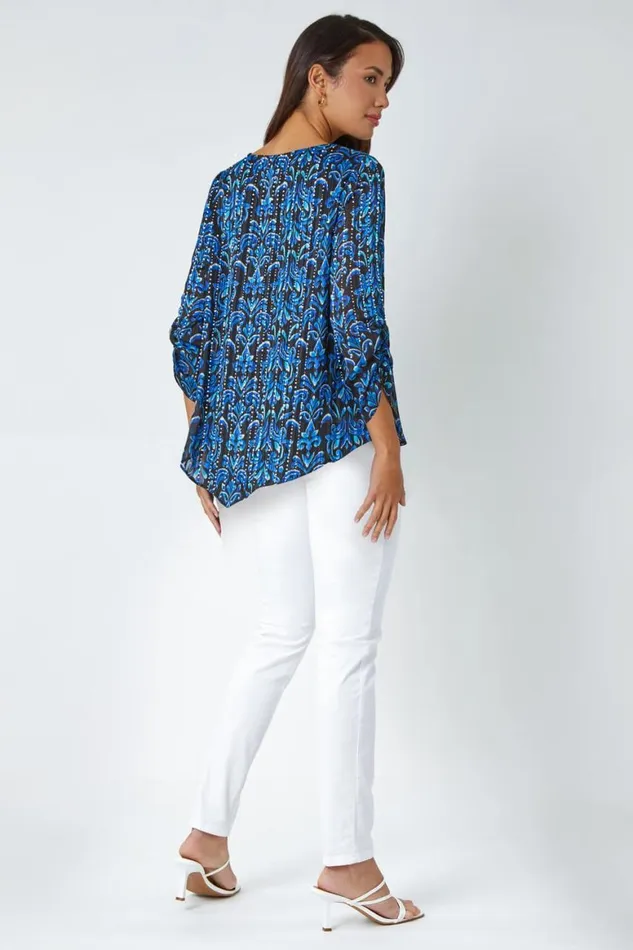 Women Blue Abstract Metallic Ruched Chiffon Blouse Roman Tops