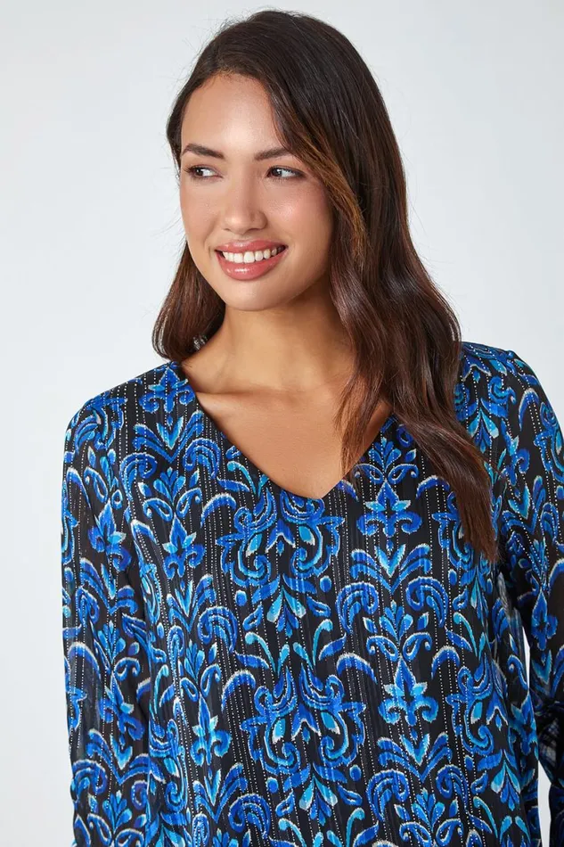 Women Blue Abstract Metallic Ruched Chiffon Blouse Roman Tops