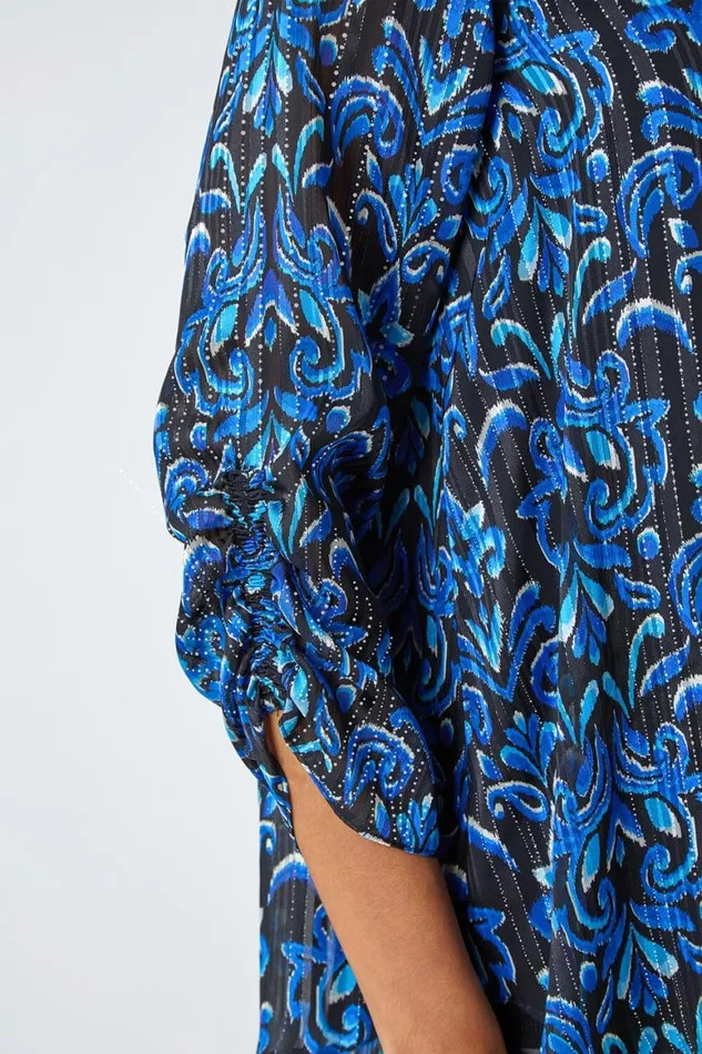 Women Blue Abstract Metallic Ruched Chiffon Blouse Roman Tops
