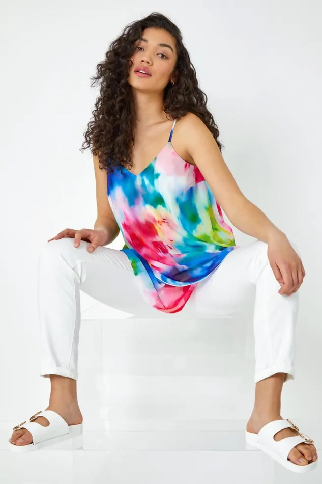 Women Blue Abstract Print Double Layer VNeck Cami Top Roman Tops