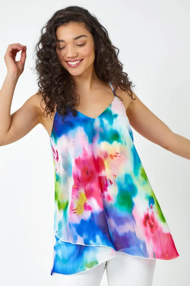Women Blue Abstract Print Double Layer VNeck Cami Top Roman Tops