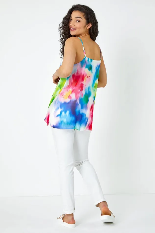 Women Blue Abstract Print Double Layer VNeck Cami Top Roman Tops