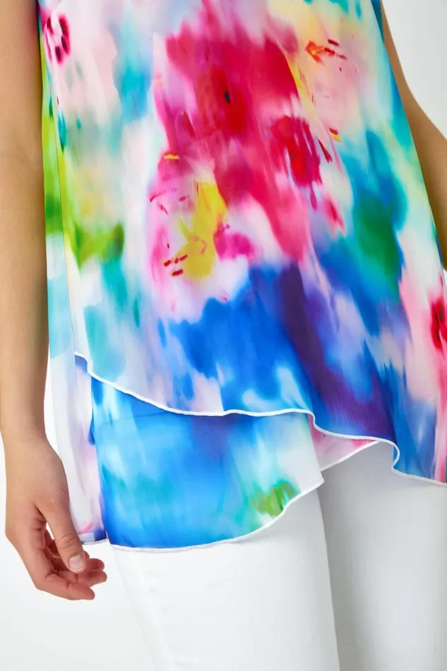 Women Blue Abstract Print Double Layer VNeck Cami Top Roman Tops