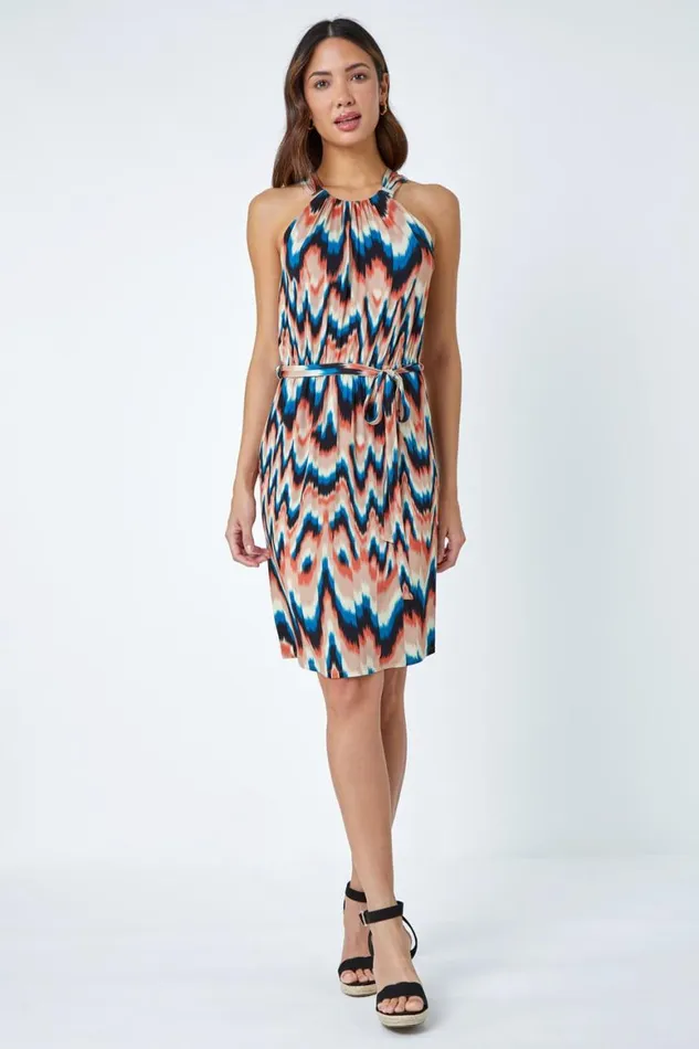 Women Blue Abstract Print Halterneck Dress Roman Dresses