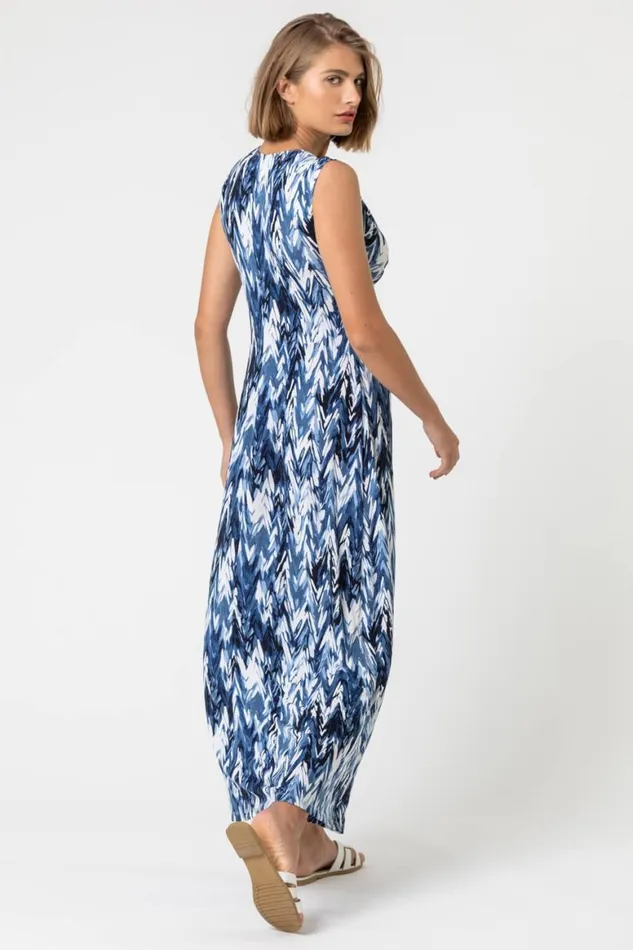 Women Blue Abstract Print Twist Front Ruched Maxi Dress Roman Dresses
