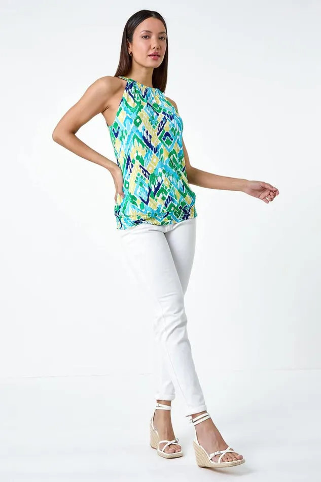 Women Blue Aztec Print Shirred Stretch Halterneck Top Roman Tops