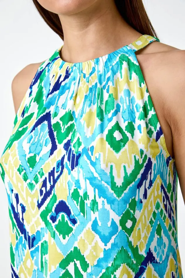 Women Blue Aztec Print Shirred Stretch Halterneck Top Roman Tops