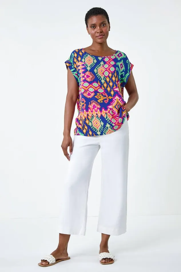 Women Blue Aztec Print Short Sleeve Top Roman Tops