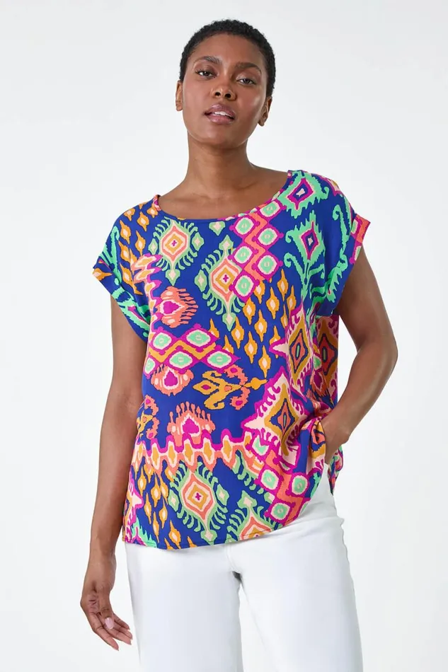 Women Blue Aztec Print Short Sleeve Top Roman Tops