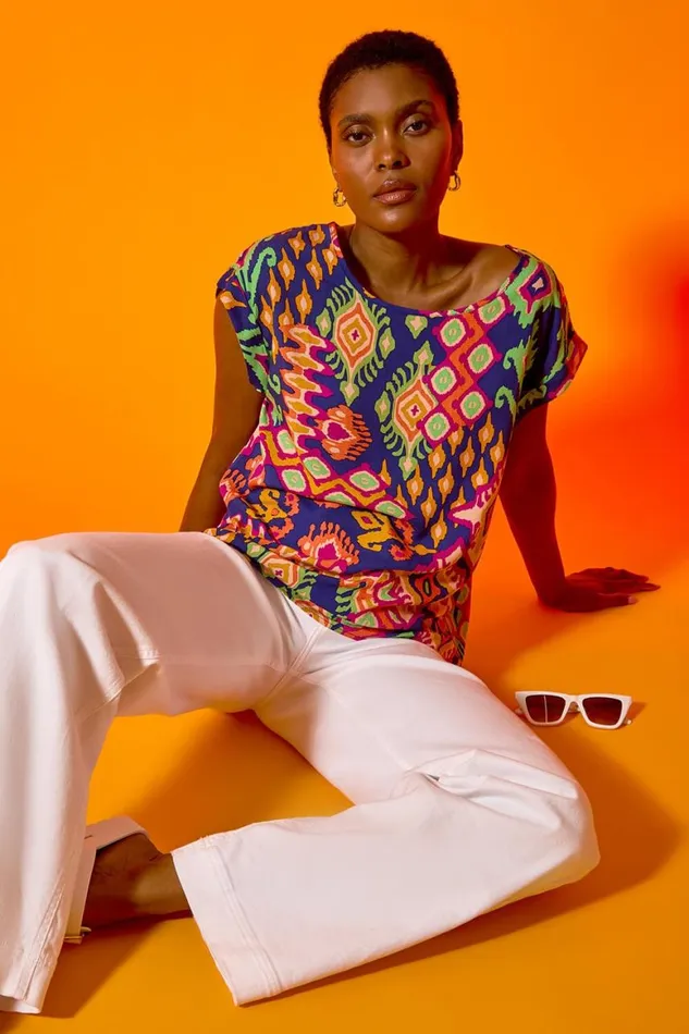 Women Blue Aztec Print Short Sleeve Top Roman Tops
