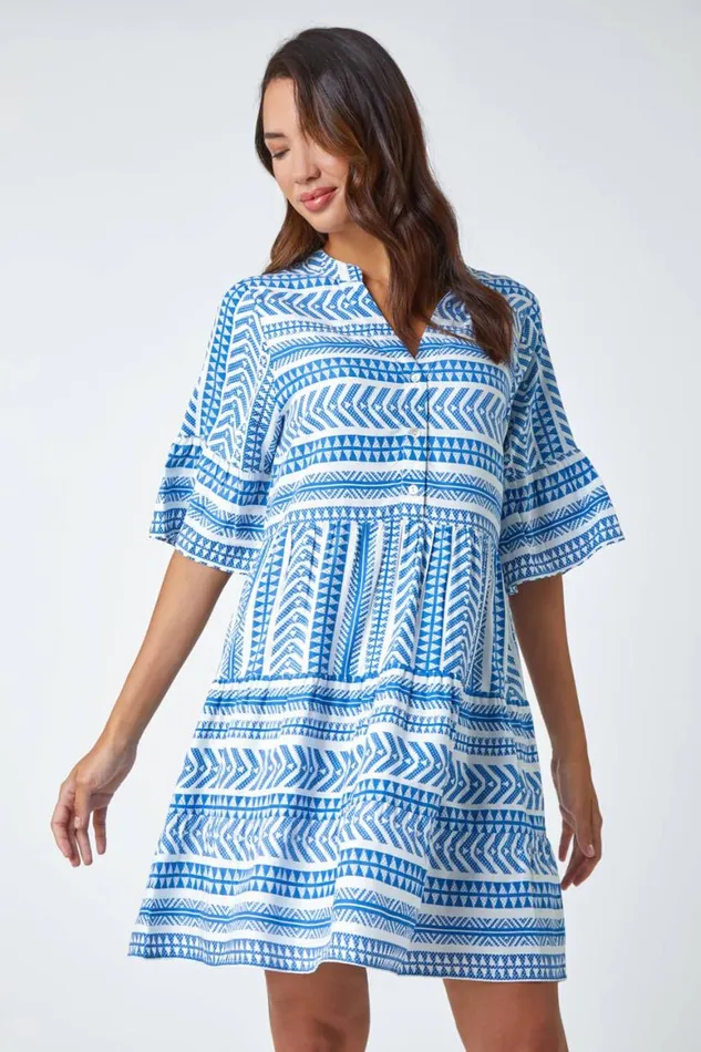 Women Blue Aztec Print Smock Dress Roman Dresses