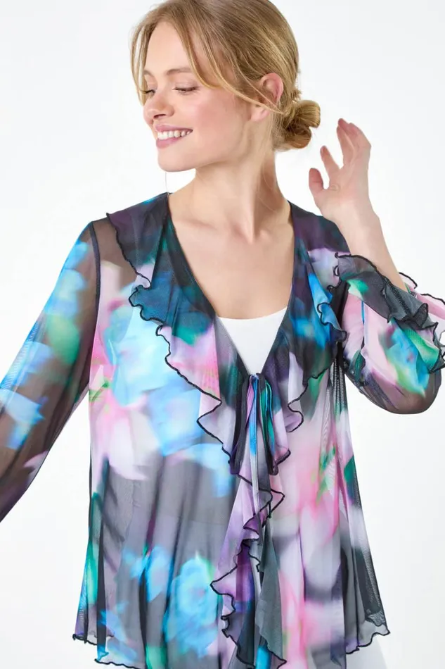 Women Blue Blurred Floral VNeck Chiffon Mesh Top Roman Tops