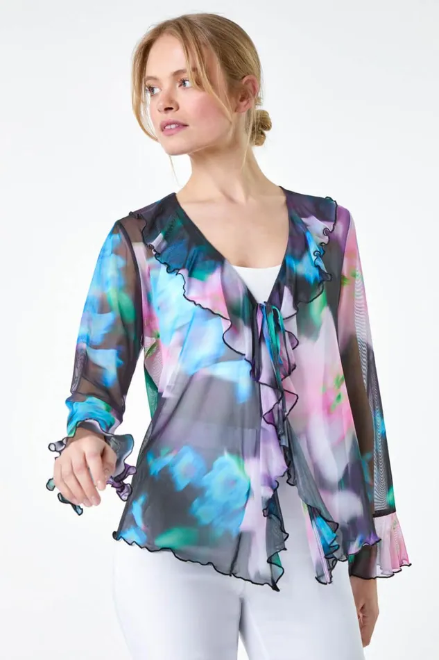 Women Blue Blurred Floral VNeck Chiffon Mesh Top Roman Tops