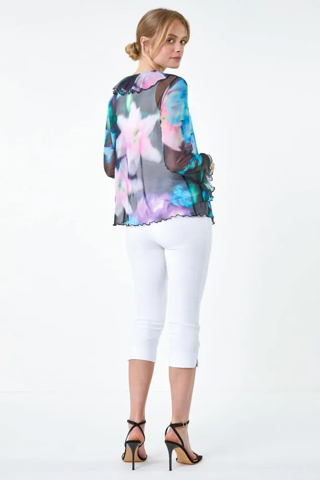 Women Blue Blurred Floral VNeck Chiffon Mesh Top Roman Tops