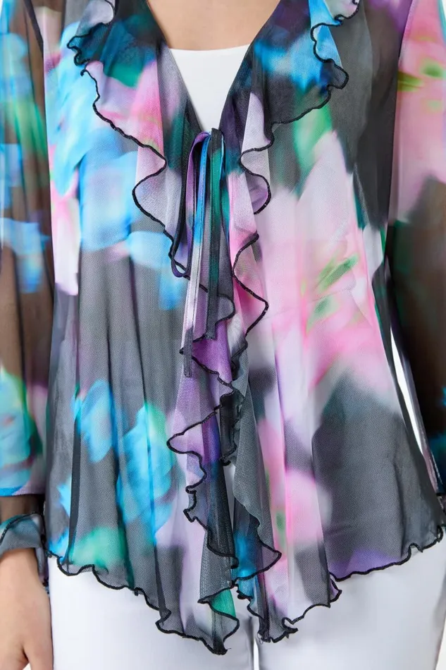 Women Blue Blurred Floral VNeck Chiffon Mesh Top Roman Tops