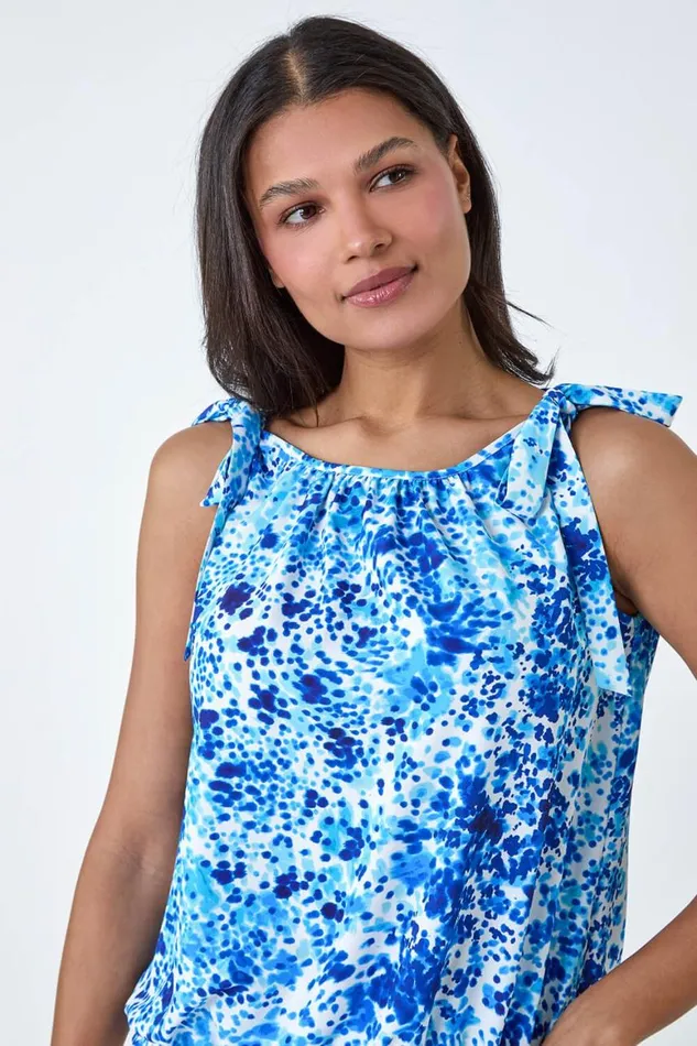 Women Blue Bow Detail Abstract Spot Shirred Top Roman Tops