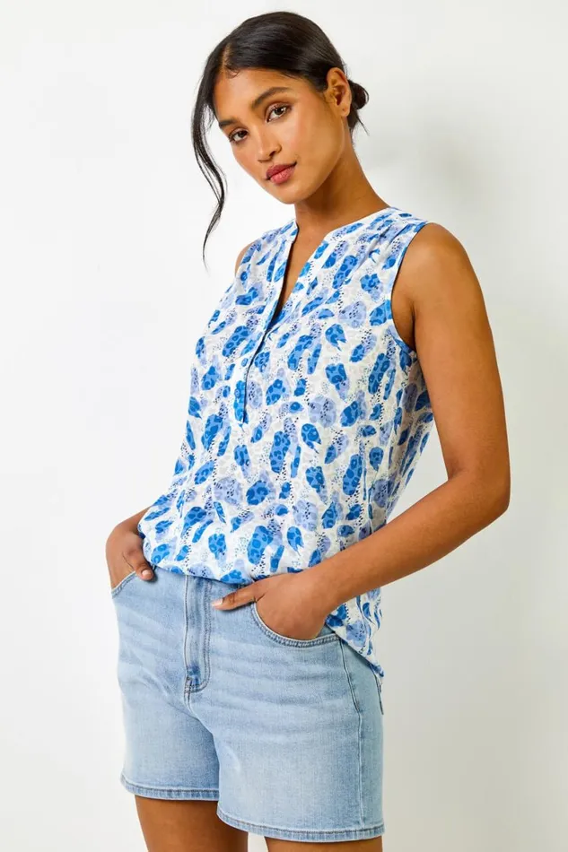 Women Blue Burnout Animal Spot Print VNeck Top Roman Tops