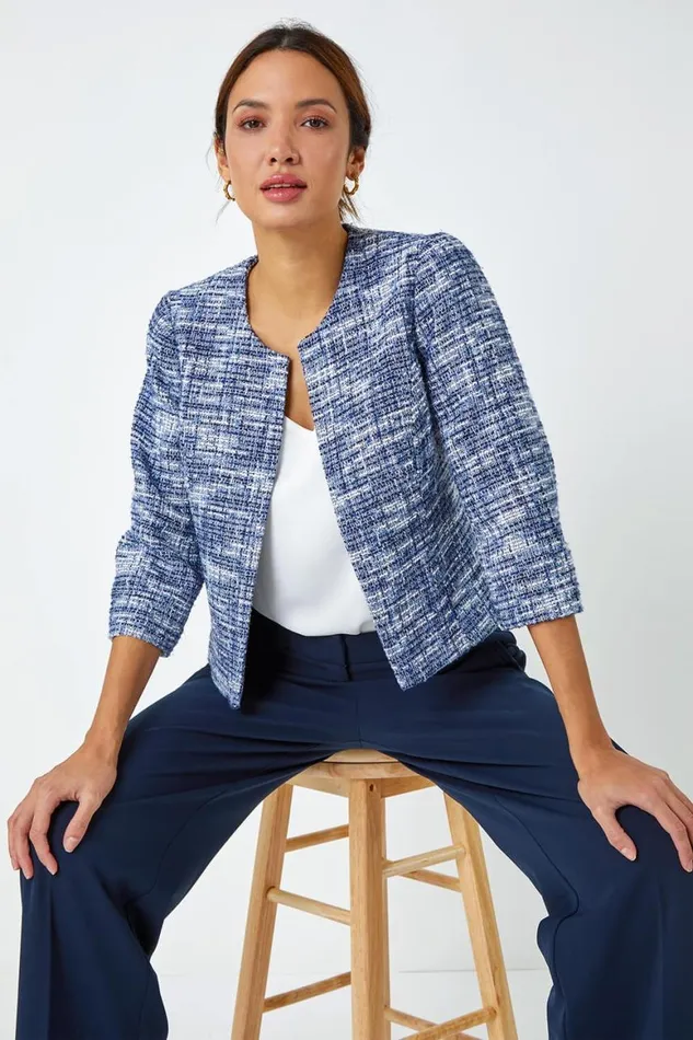 Women Blue Collarless Cropped Boucle Jacket Roman Jackets