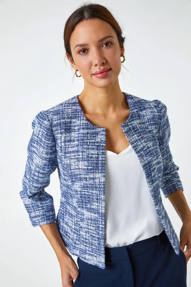 Women Blue Collarless Cropped Boucle Jacket Roman Jackets