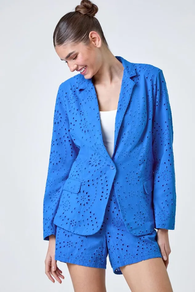 Women Blue Cotton Broderie Blazer Jacket Roman Jackets