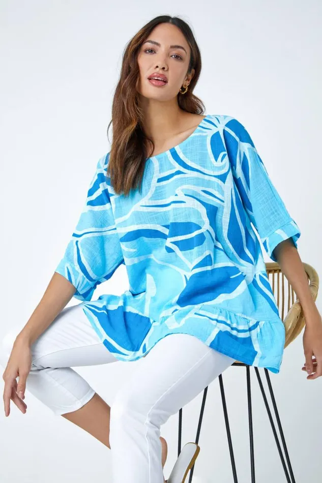Women Blue Cotton Oversized Floral Tunic Top Roman Tops