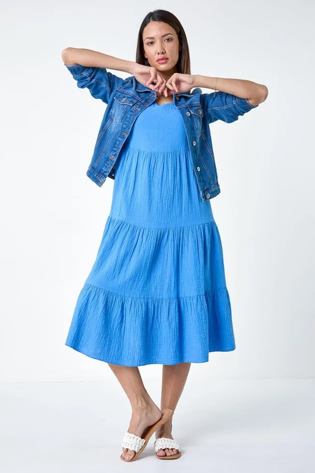 Women Blue Cotton Textured Tiered Midi Dress Roman Dresses
