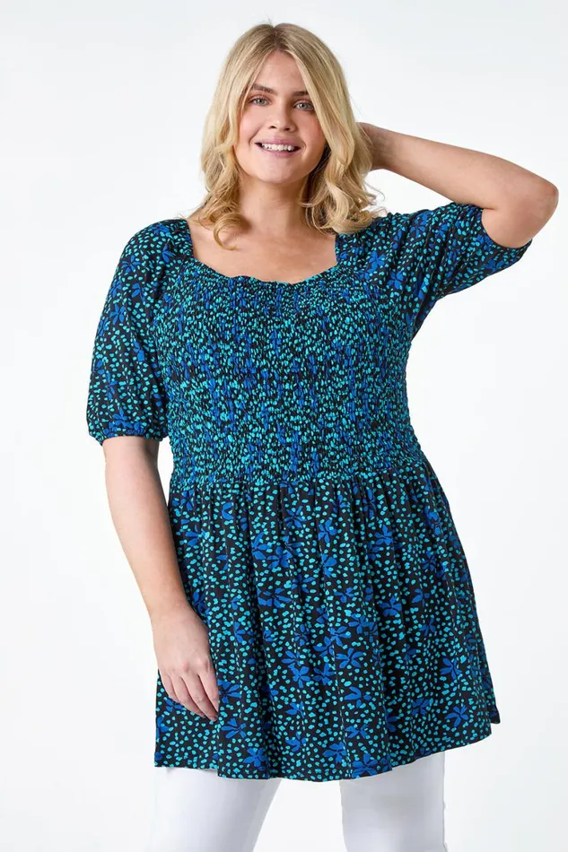 Women Blue Curve Floral Longline Stretch Shirred Top Roman Tops