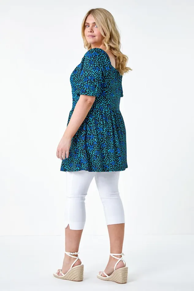 Women Blue Curve Floral Longline Stretch Shirred Top Roman Tops